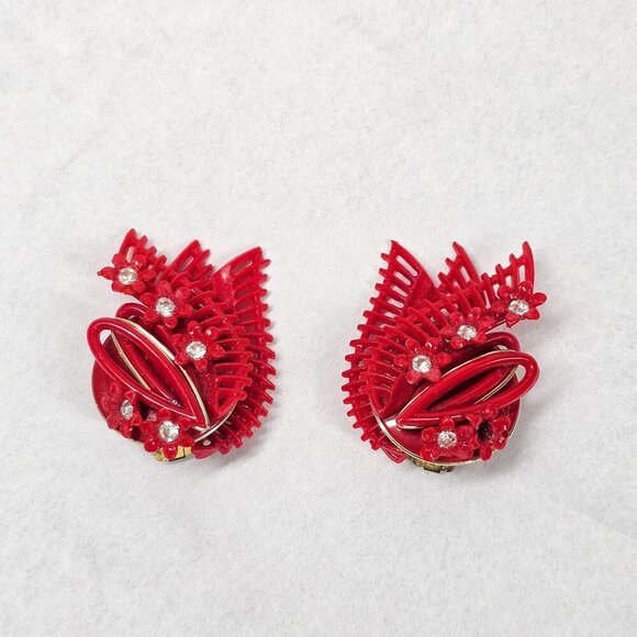 Vintage Red Plastic Clip-On Earrings With Rhinestones & Velvet Pouch - Picture 1 of 7